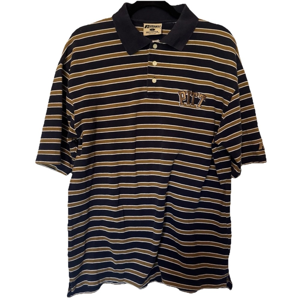 VTG Russell Athletic Pittsburgh Panthers PITT Polo Shirt StripedCotton Sz‎ Large